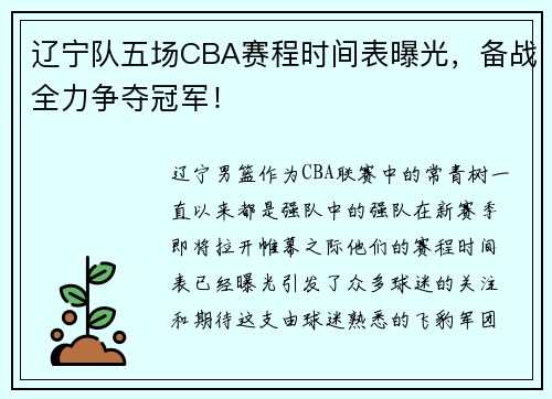 辽宁队五场CBA赛程时间表曝光，备战全力争夺冠军！